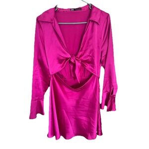 Zara Satin Front Tie Hot Pink Mini Dress Size Large‎